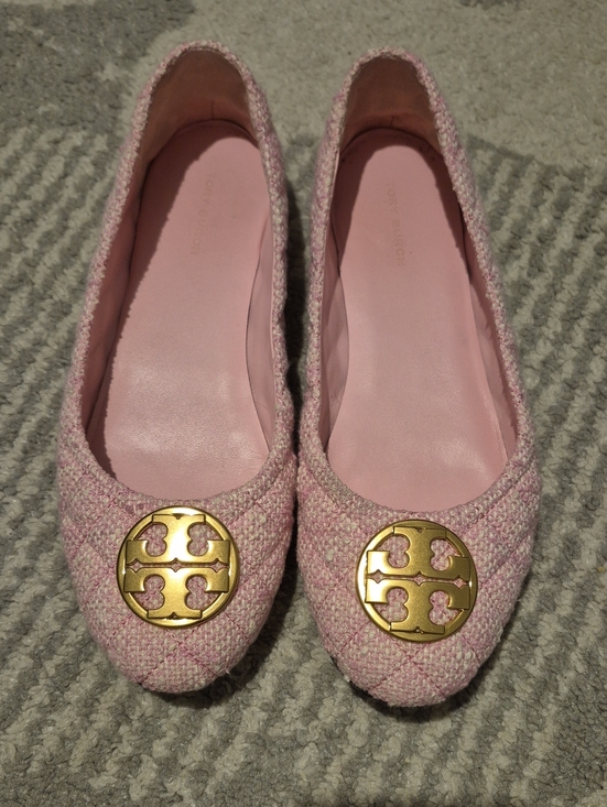 Tory Burch Shoes - Tory Burch Chelsea Pink Quilted Tweed Logo Ballet Flats with Gold Medallions 8